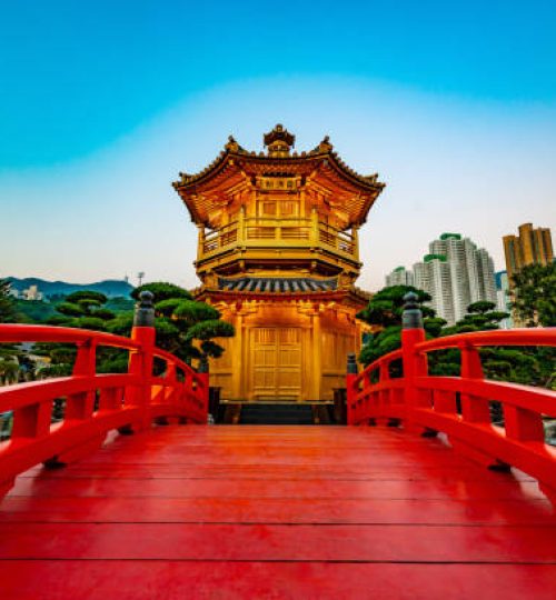 The golden Pavilion of Absolute Perfection in Nan Lian Garden, Chi Lin Nunnery, a large Buddhist temple in Diamond Hill, Kowloon, Hong Kong