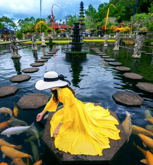 Woman feeding colorful fish in pond at Tirta Gangga Water Palace in Bali, Indonesia.